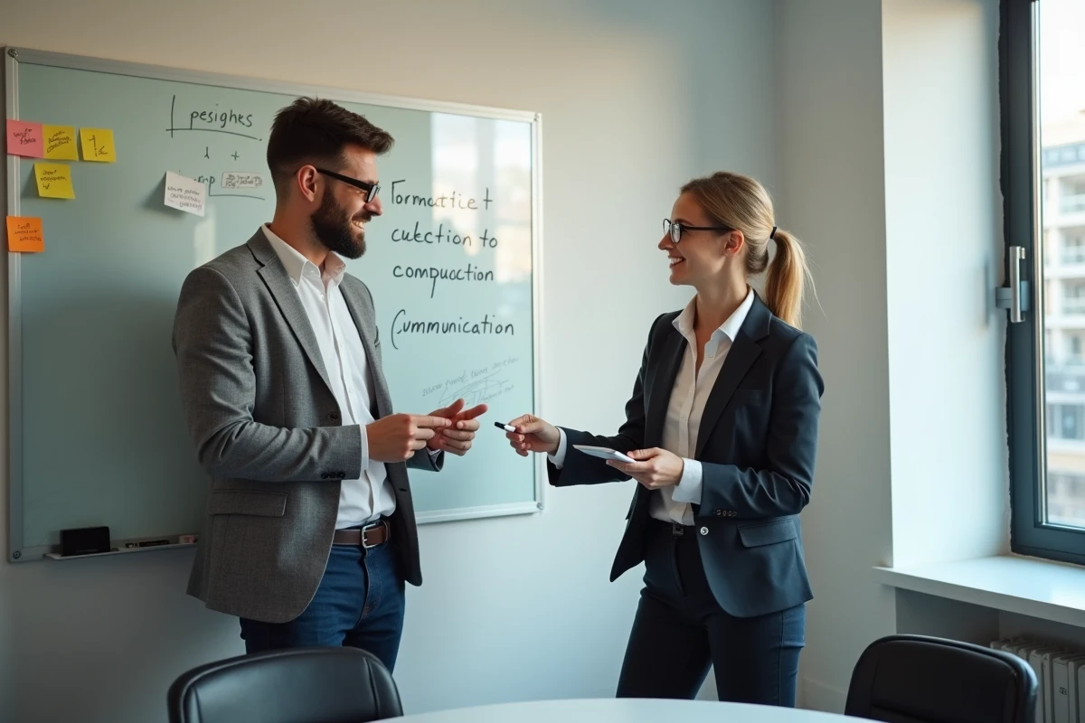 Deux collègues collaborant sur des formules de politesse écrites dans une salle de réunion professionnelle