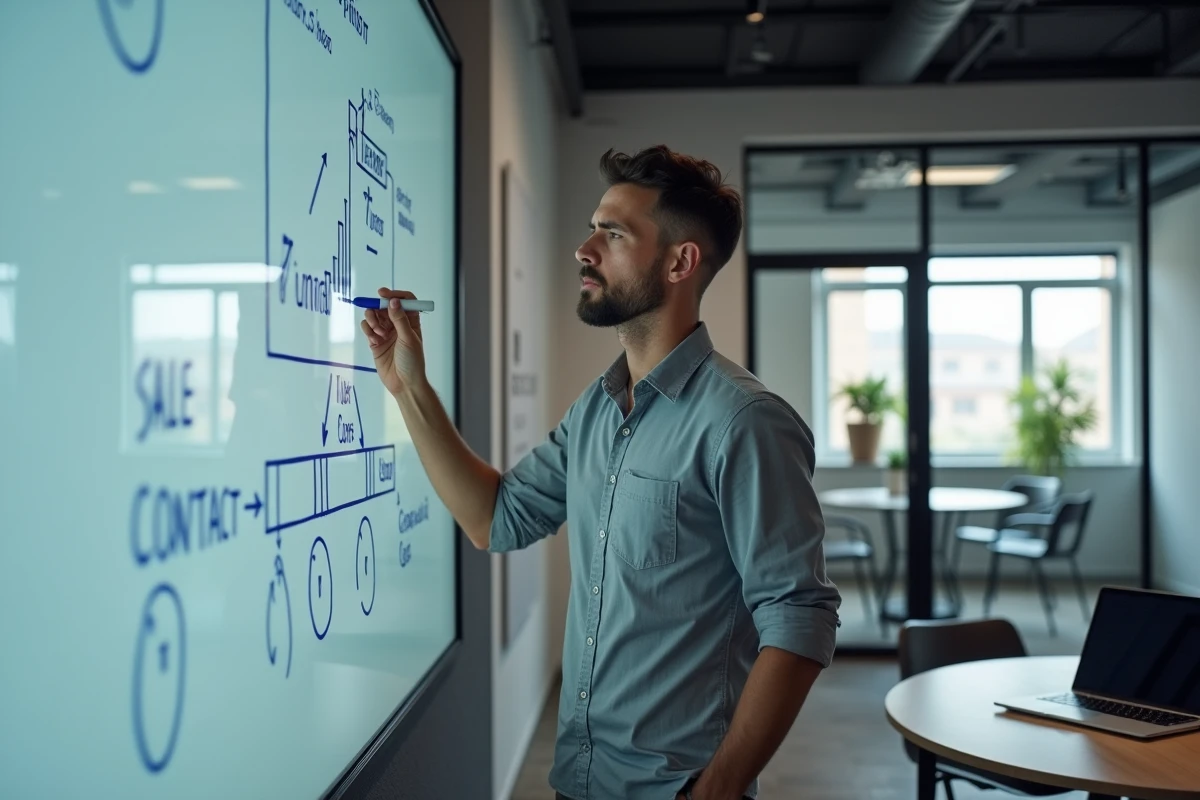 Commercial debout devant un tableau blanc traçant un pipeline de vente pour optimiser sa prospection