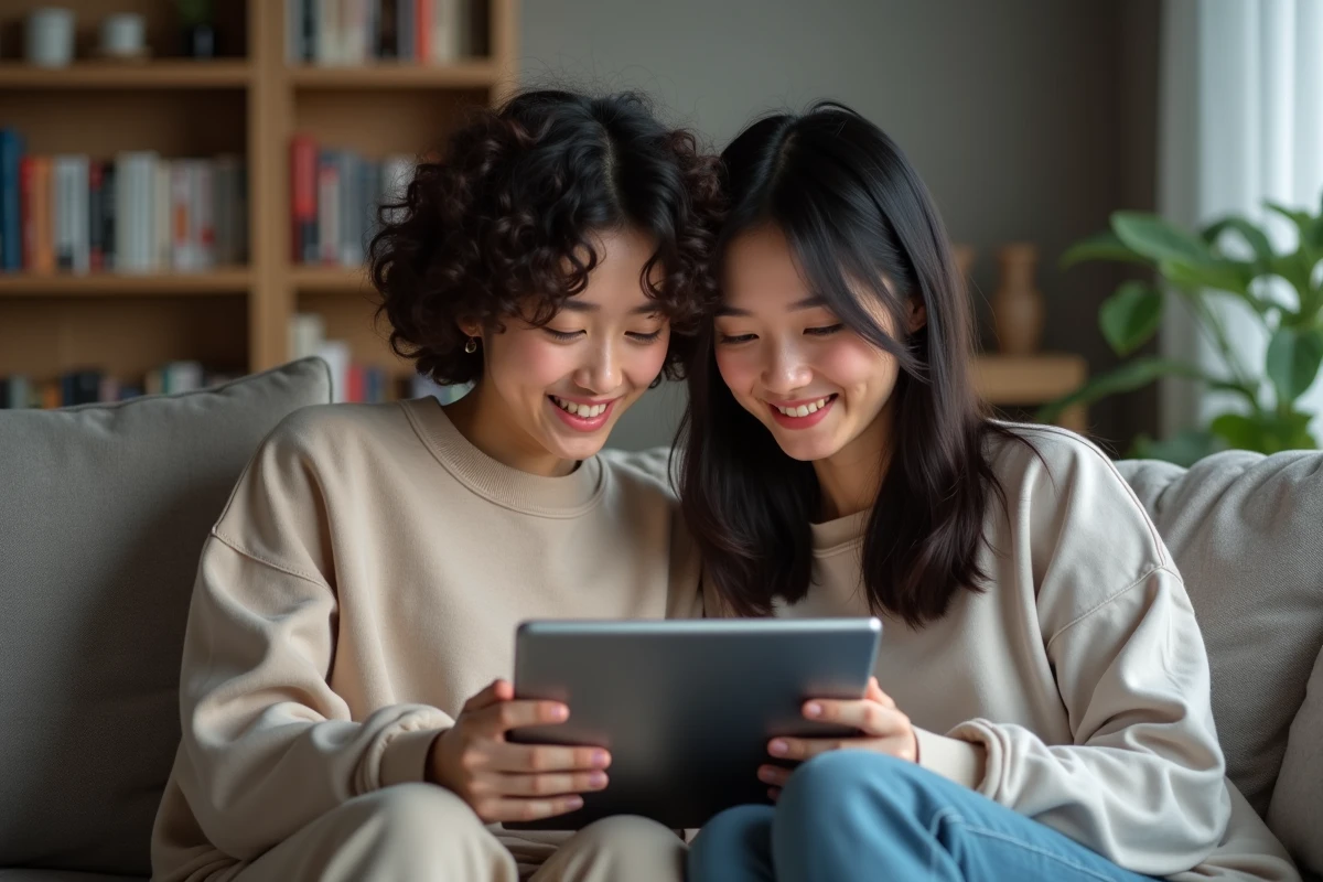 Deux jeunes femmes passionnées de manga parcourant ensemble une plateforme de lecture de scans sur une tablette dans un appartement