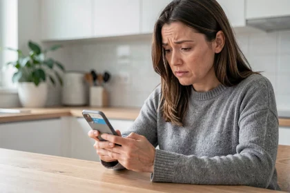 Femme comparant des offres de forfaits mobiles prépayés sur son smartphone dans une cuisine moderne