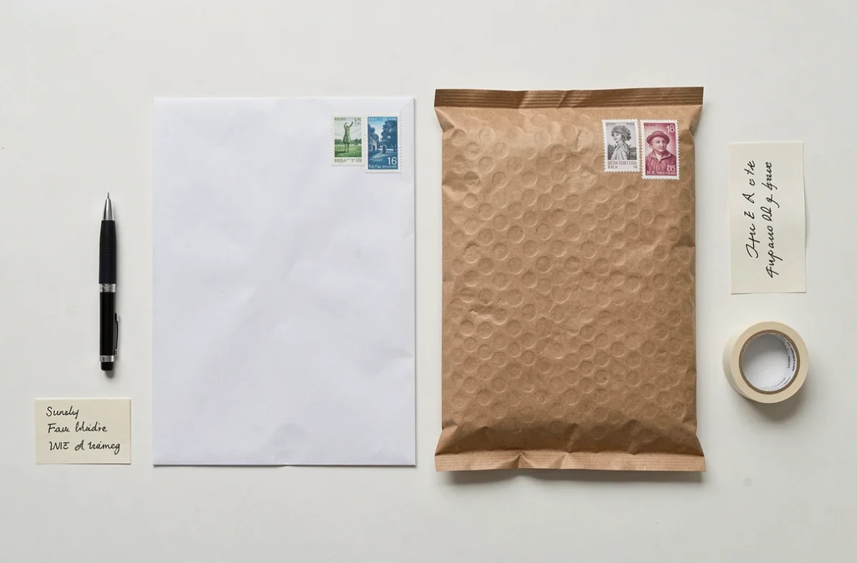 Vue de dessus de deux enveloppes A4 et bulle avec des timbres positionnés en haut à droite sur une surface blanche