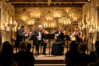 Quatuor à cordes jouant lors d'un concert Candlelight entouré de bougies blanches dans une salle historique