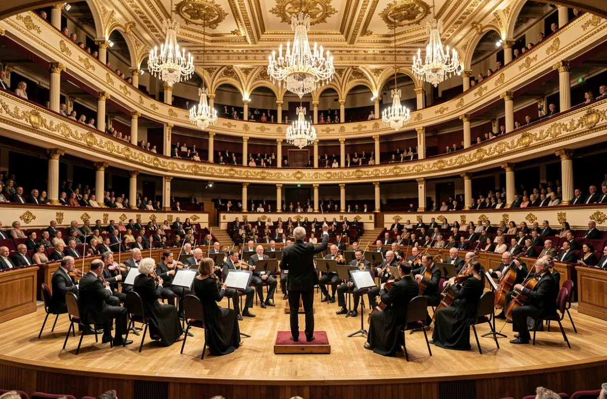 Orchestre symphonique traditionnel sur scène dans une grande salle de concert classique avec balcons en velours rouge