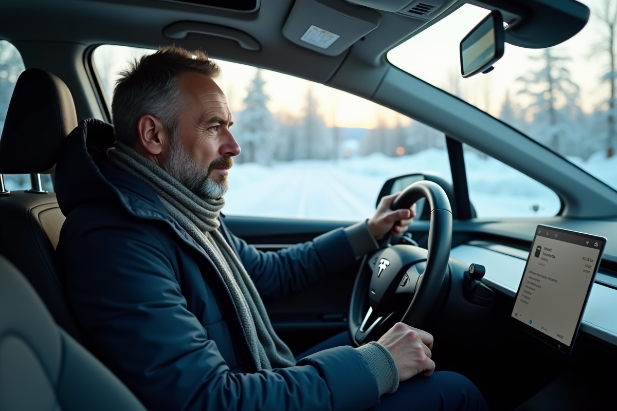 Homme en parka dans voiture électrique en hiver