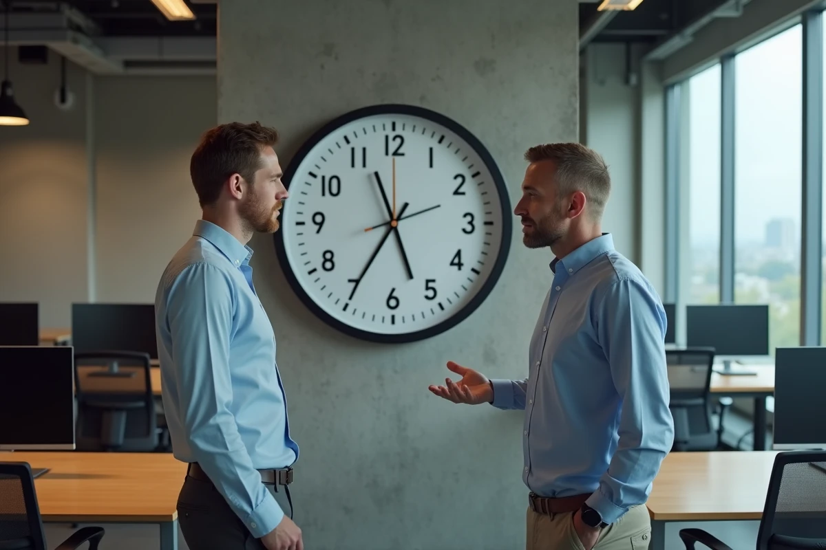 Deux collègues francophones perplexes devant une horloge murale dans un bureau moderne, confondant AM et PM