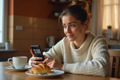 Femme francophone confuse devant l'heure 12:00 PM affichée sur son smartphone dans une cuisine chaleureuse