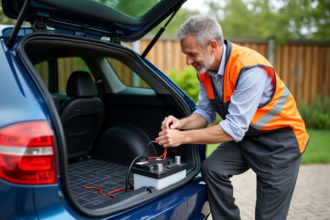 Homme connectant des panneaux solaires à une batterie de voiture