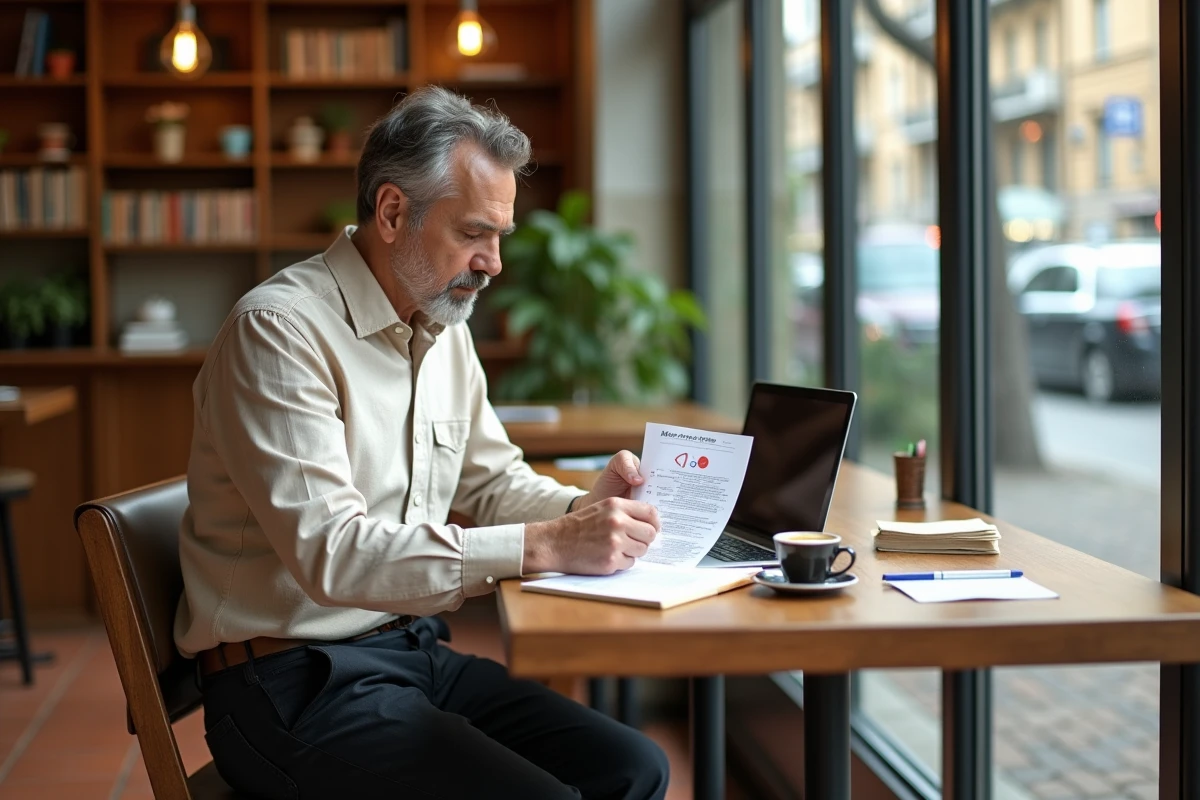 Consultant freelance analysant son organisation commerciale dans un café pour gagner du temps