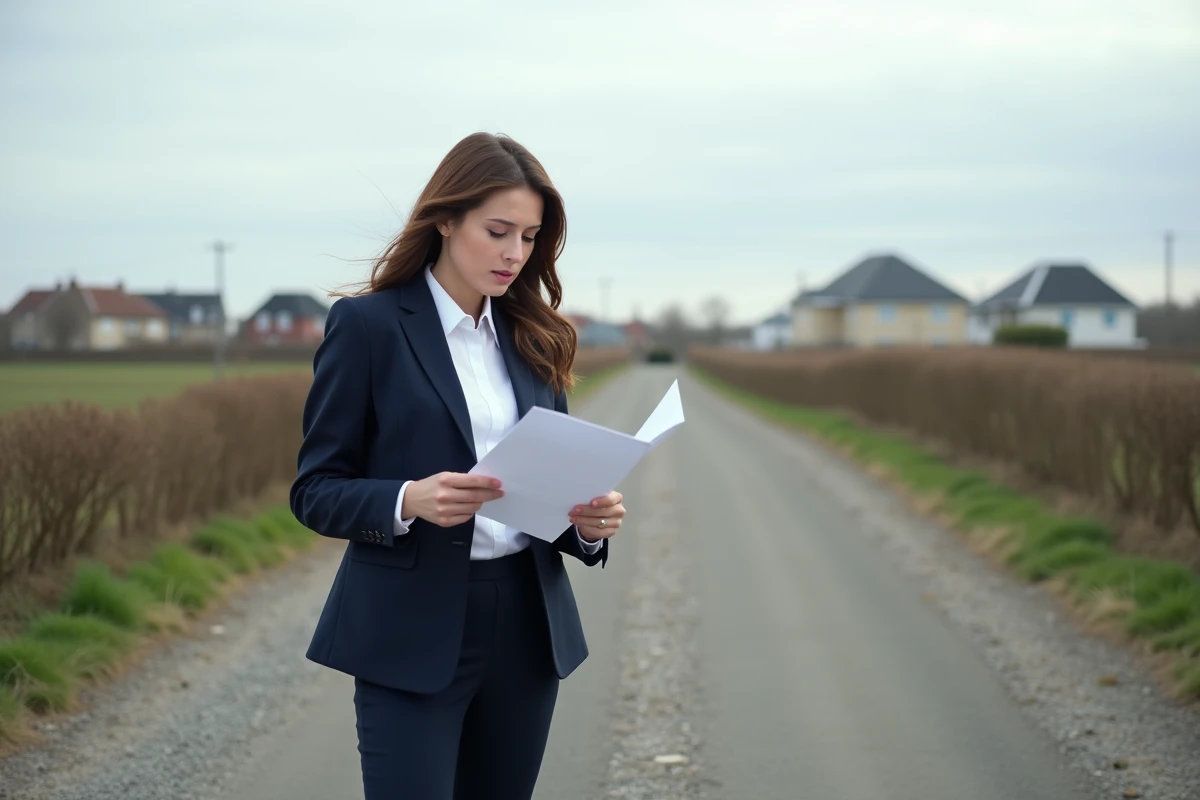 Acheteuse consultant des documents cadastraux avant acquisition d'un terrain constructible