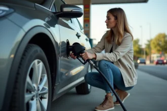 Femme vérifiant la pression des pneus de sa voiture à une station service