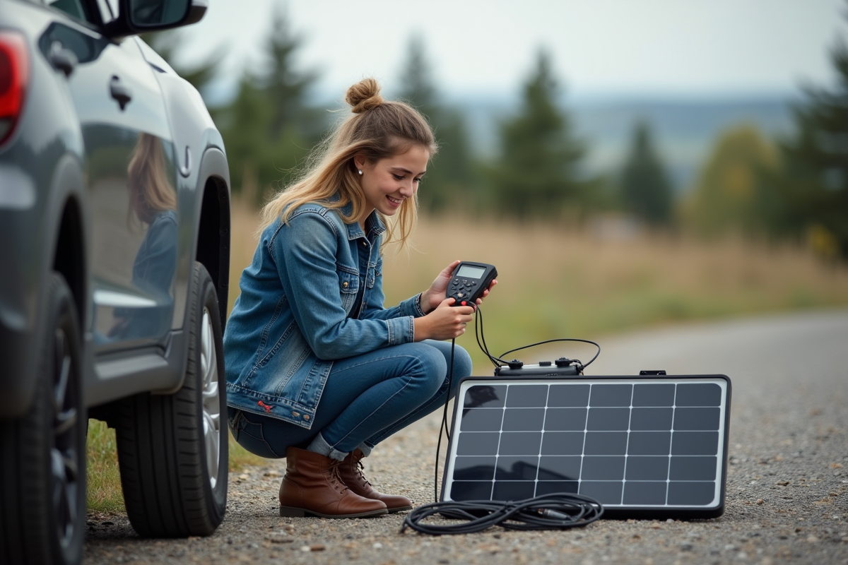 Jeune femme vérifiant un voltmètre avec panneau solaire et voiture