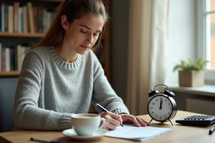 Femme convertissant des minutes en heures sur un bloc-notes avec une calculatrice et une horloge analogique posées sur un bureau en bois