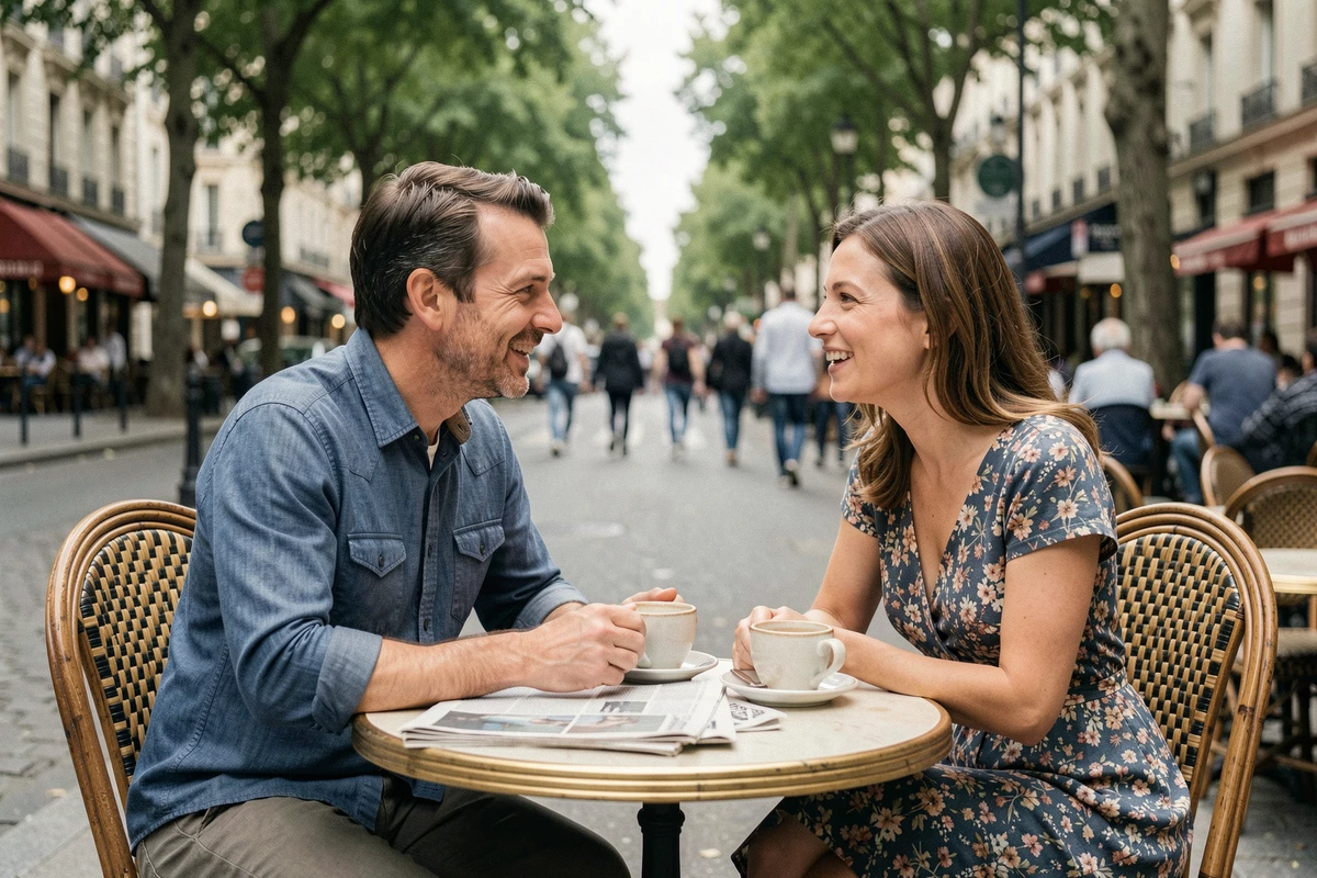 Couple en conversation dans un café parisien, thème amour et destin selon le signe astrologique du 12 juillet