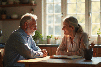 Couple mature discutant à la cuisine au matin