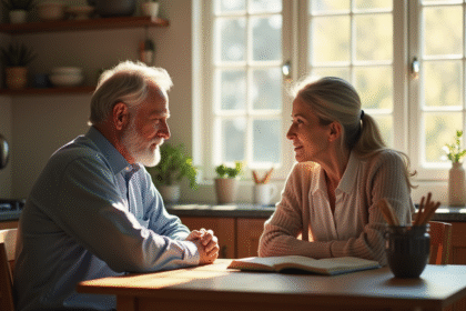 Couple mature discutant à la cuisine au matin