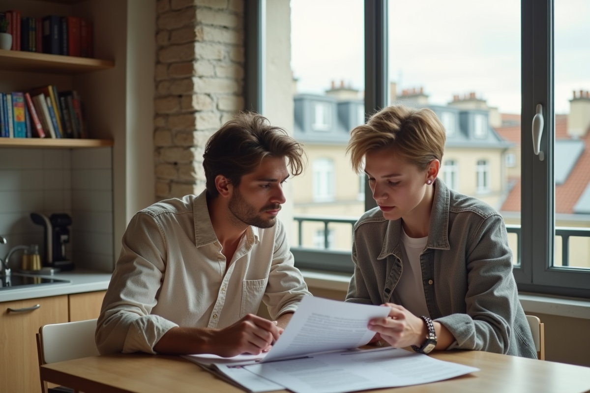 Jeune couple lisant documents de logement dans leur appartement