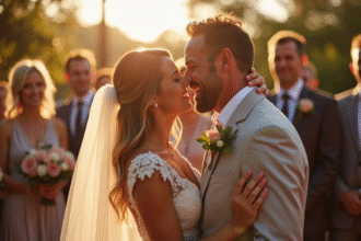 Couple d'adultes souriants lors d'une cérémonie de mariage en plein air