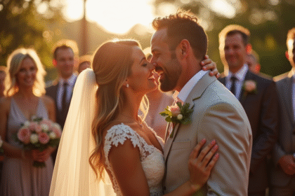 Couple d'adultes souriants lors d'une cérémonie de mariage en plein air