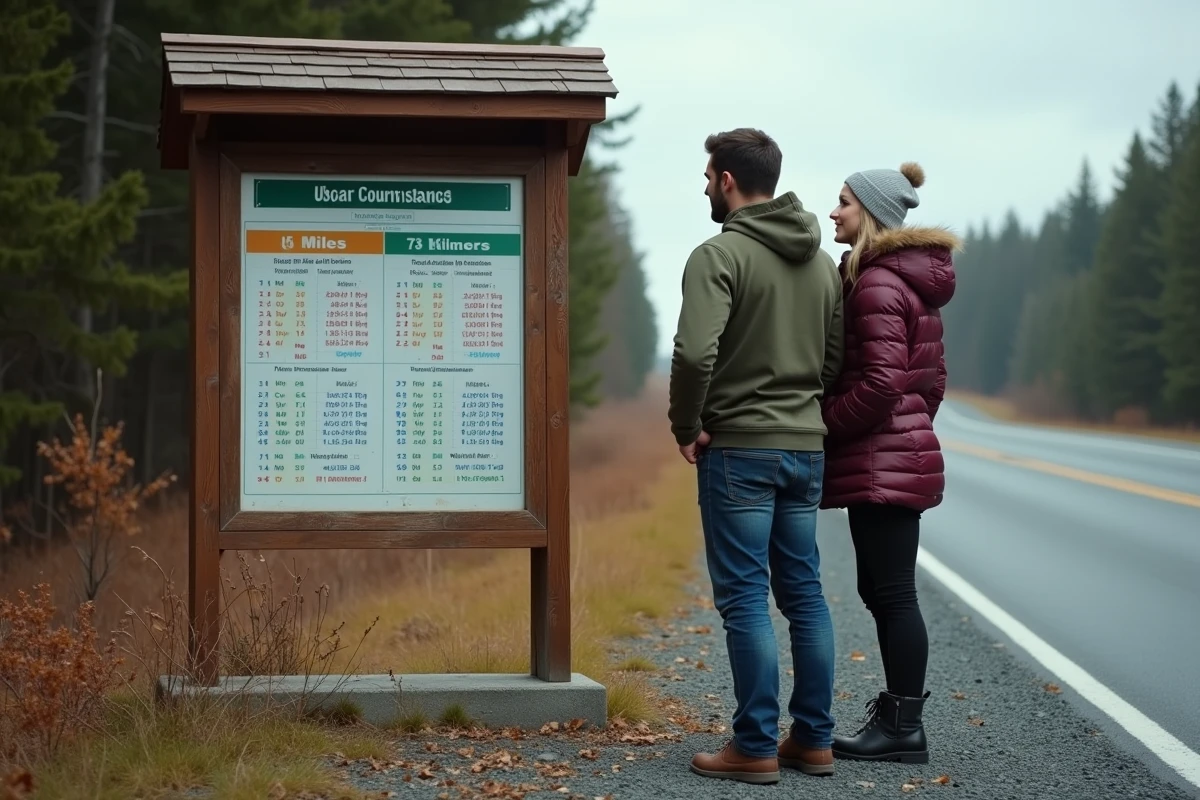Couple de voyageurs devant un panneau bilingue de distances en miles et kilomètres à la frontière canadienne