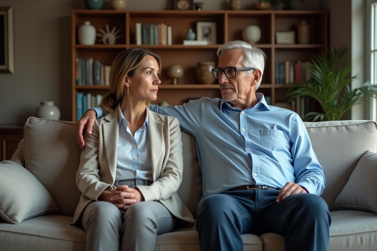 Couple assis sur un canapé moderne dans un salon neutre