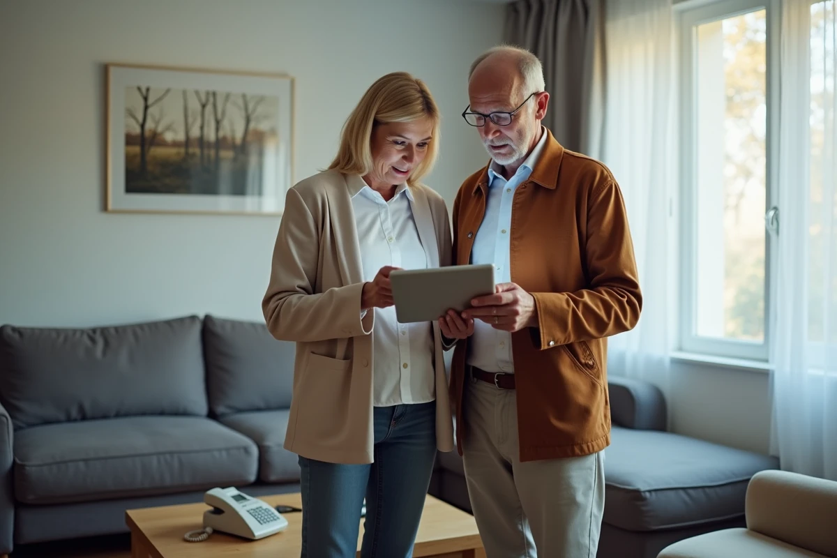 Couple consultant un site de protection contre le démarchage téléphonique sur une tablette, numéro 0568 et inscription Bloctel