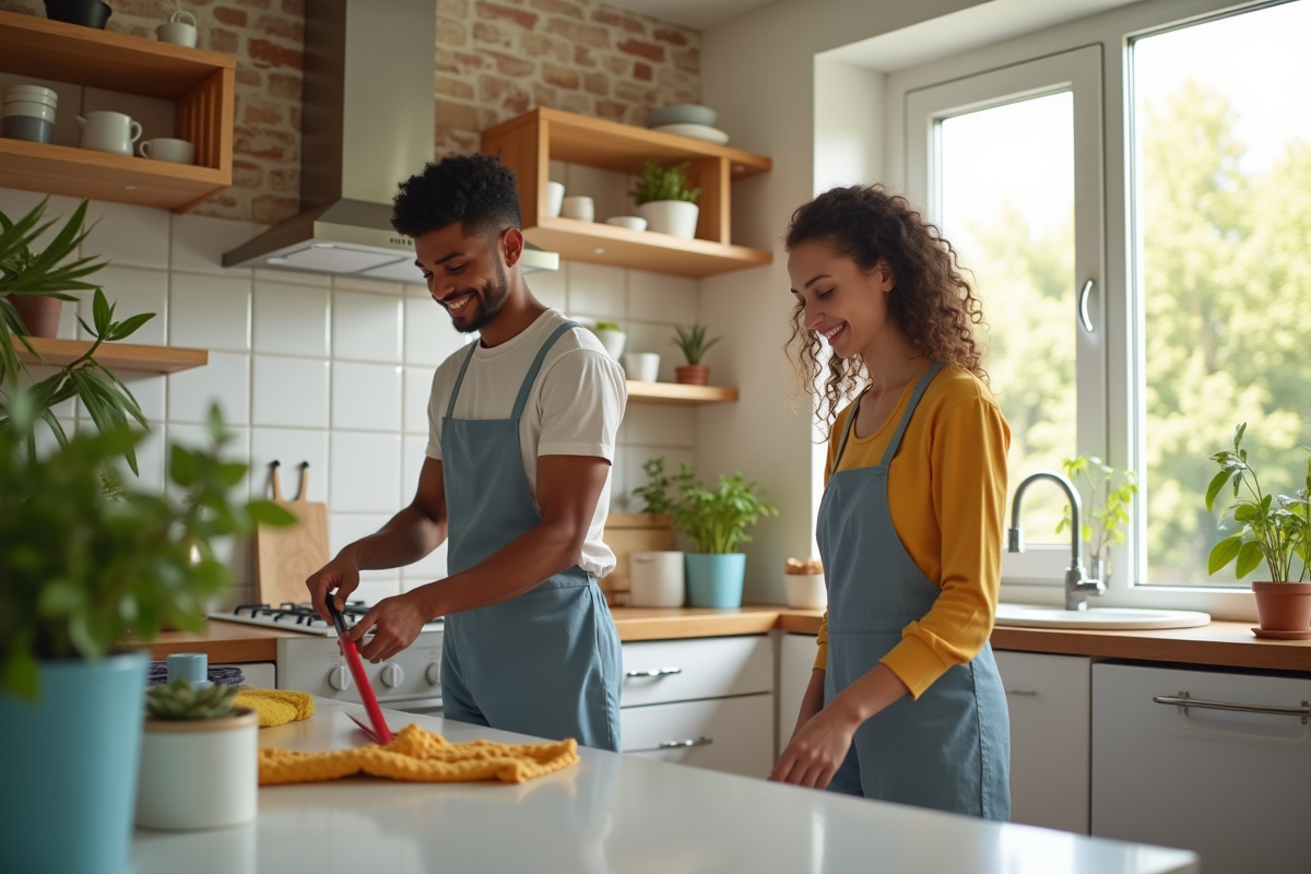 Colocataires nettoyant la cuisine en harmonie ensoleillée