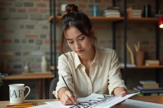 Designer étudiant des épreuves typographiques avec la police Helonia Neue dans un studio créatif en brique apparente