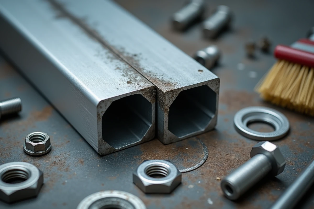 Gros plan sur un assemblage de tube carré en aluminium montrant un joint soudé et un raccord boulonné côte à côte