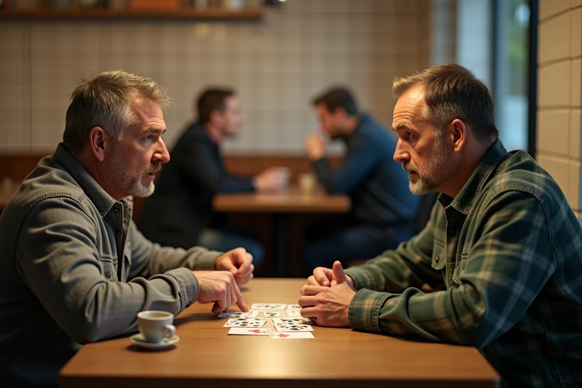 Deux joueurs adultes en désaccord sur une règle du jeu Palmier, cartes étalées sur la table d'un café