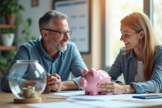 Homme et femme discutant d'investissement avec une tirelire