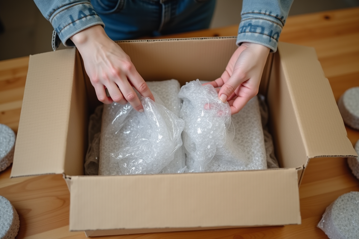 Personne emballant des objets fragiles avec soin