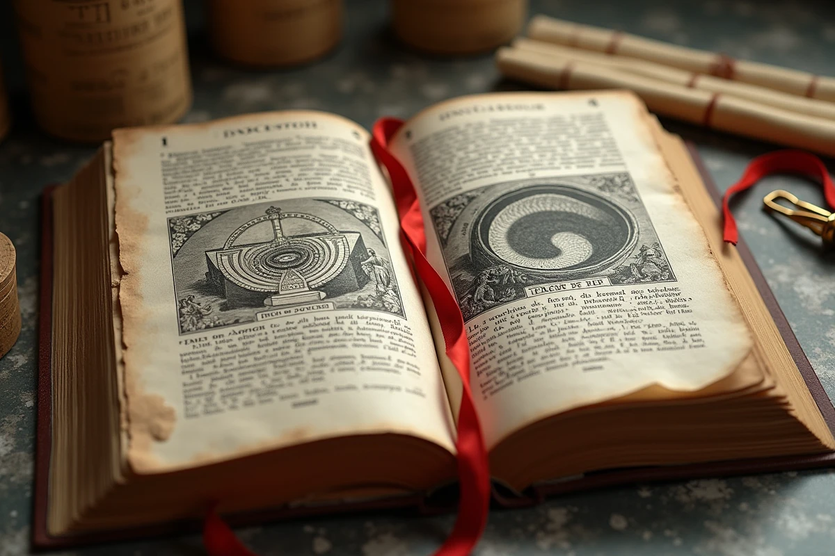 Encyclopédie illustrée ancienne ouverte sur les gravures du mythe du Minotaure avec annotations manuscrites sur une surface en pierre