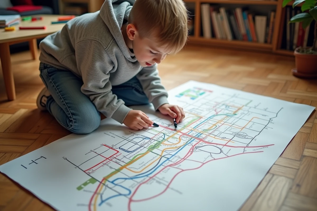 Enfant dessinant son propre plan simplifié du métro de Paris à la maison avec des feutres colorés