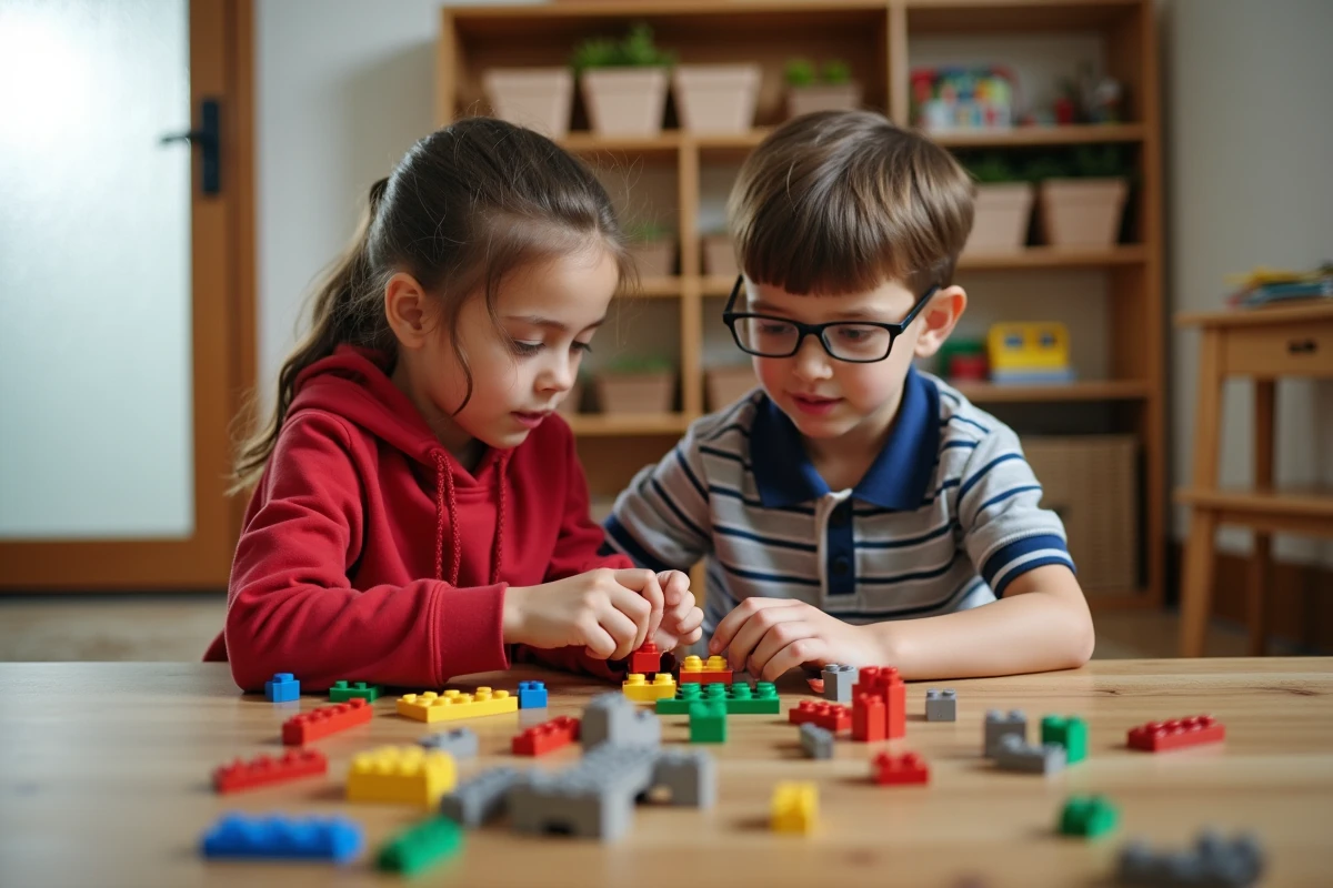 Enfant ESTJ guidant un camarade lors d'un jeu de construction structuré et organisé