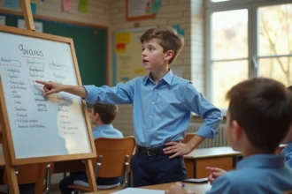Enfant ESTJ leader prenant la parole devant sa classe avec confiance et organisation