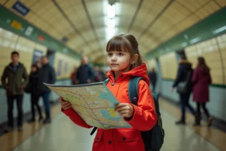Petite fille consultant un plan du métro parisien simplifié dans une station de métro de Paris