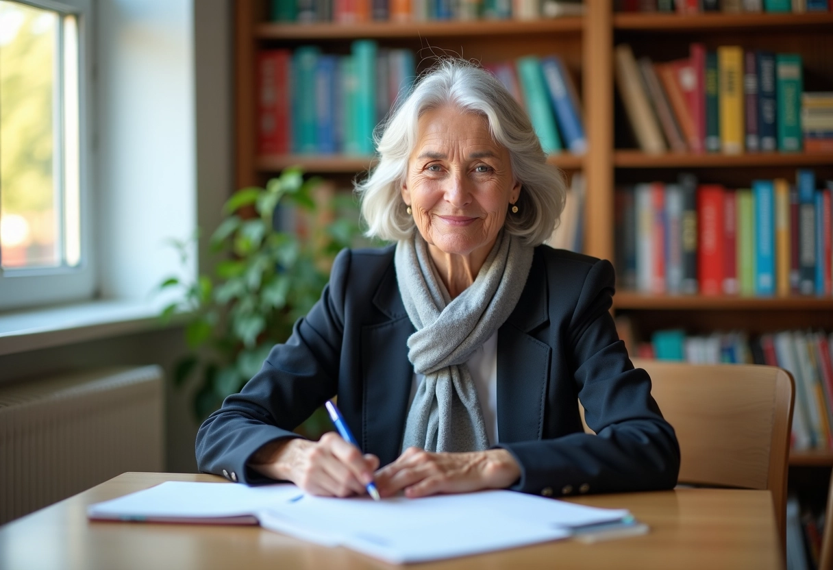 Enseignante senior examinant des papiers à son bureau