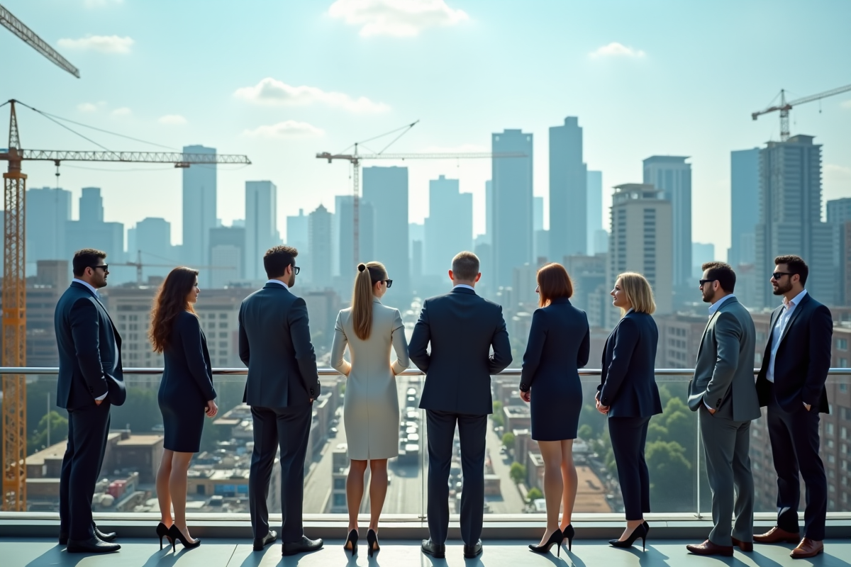 Groupe de professionnels de l immobilier sur un toit en construction