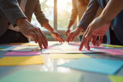 Espace de travail créatif avec notes colorées et documents