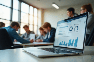 Espace étudiant moderne avec ordinateur portable et étudiants