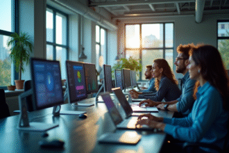 Espace de travail moderne avec équipe collaborative numérique
