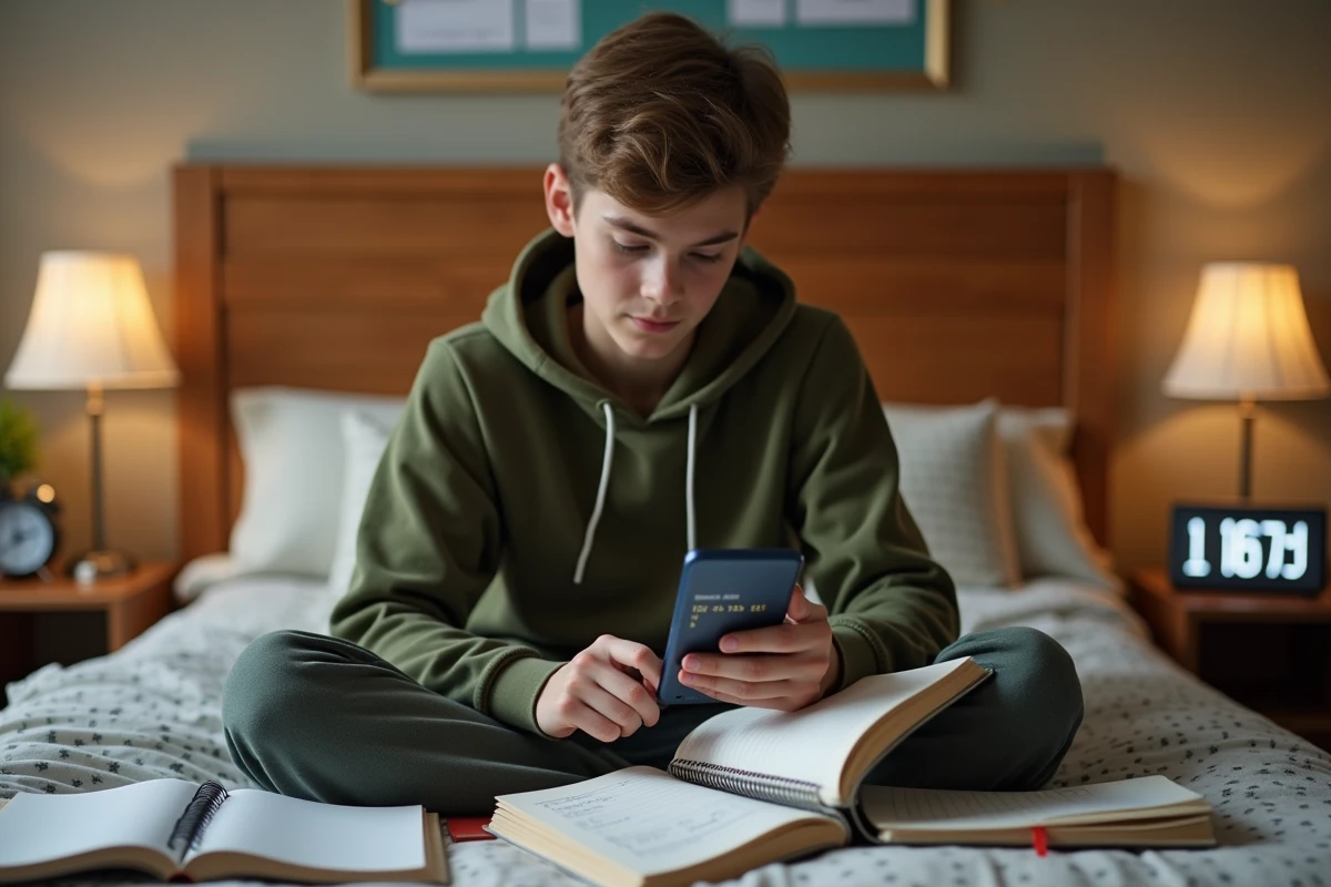 Étudiant adolescent calculant la conversion de minutes en heures sur smartphone avec des cahiers ouverts sur un lit