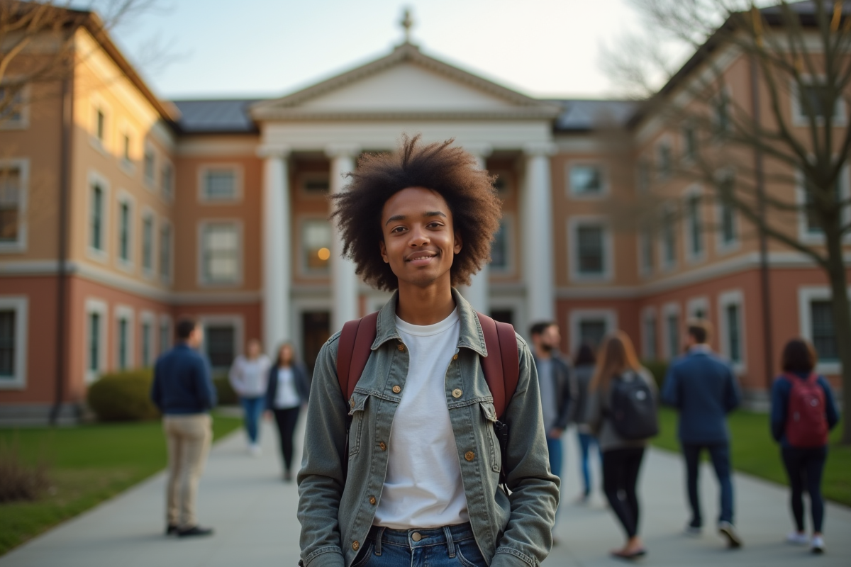 Etudiant confiant devant une universite au matin
