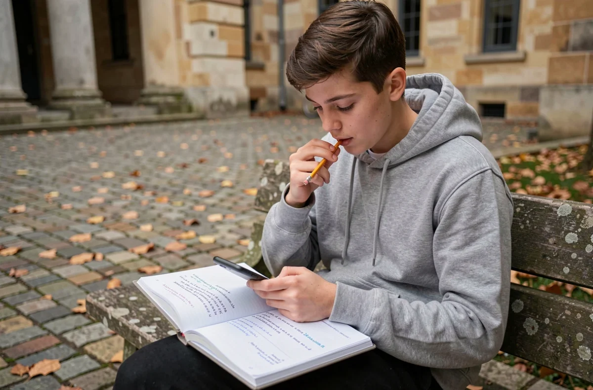 Adolescent consultant son téléphone pour vérifier l'orthographe d'un mot en français dans un cahier d'exercices en plein air