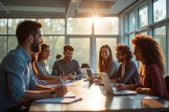 Etudiants internationaux autour d'une table en salle moderne