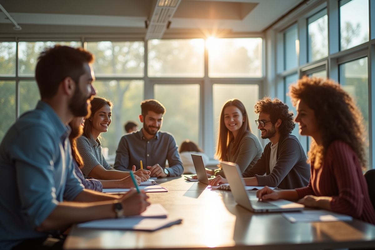 Etudiants internationaux autour d'une table en salle moderne