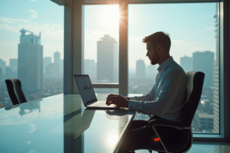 Cadre d'affaires dans un bureau lumineux avec logo Google