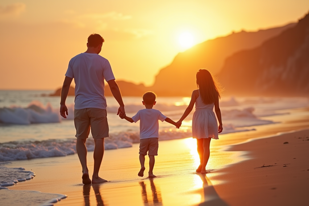 Famille main dans la main marchant sur la plage au coucher du soleil