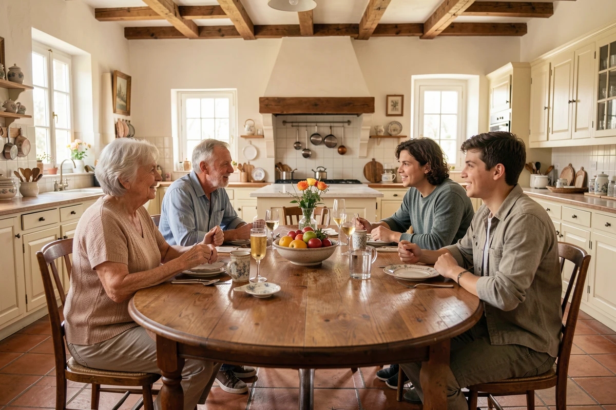 Famille réunie autour d'un repas dominical, symbolisant les liens familiaux liés au signe astrologique du 12 juillet