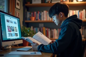 Jeune fan de manga consultant un serveur Discord dédié aux scans sur son ordinateur portable entouré de volumes manga